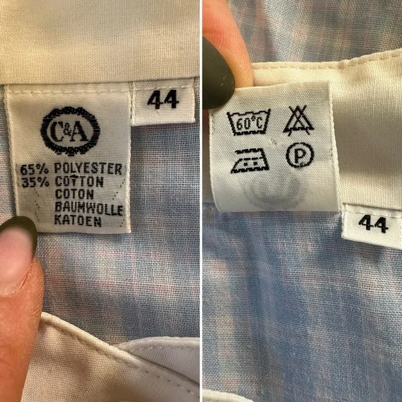 Vintage C&A Blue Checkered Blouse Mandarin Collar Short Sleeve ButtonDown Top 14 - Picture 6 of 9